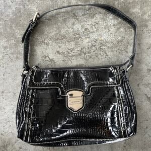 Liz Claiborne Black Croc Embossed Patent Leather Shoulder Bag Y2K